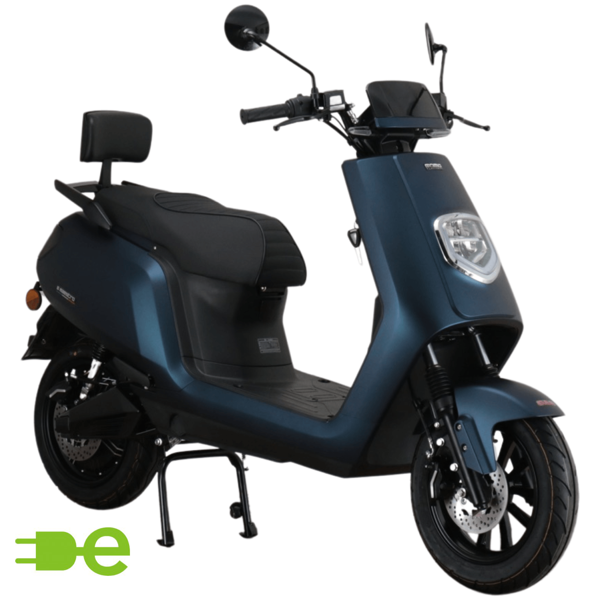 Blauwe elektrische step met zwarte zitting, standaard en koplamp.