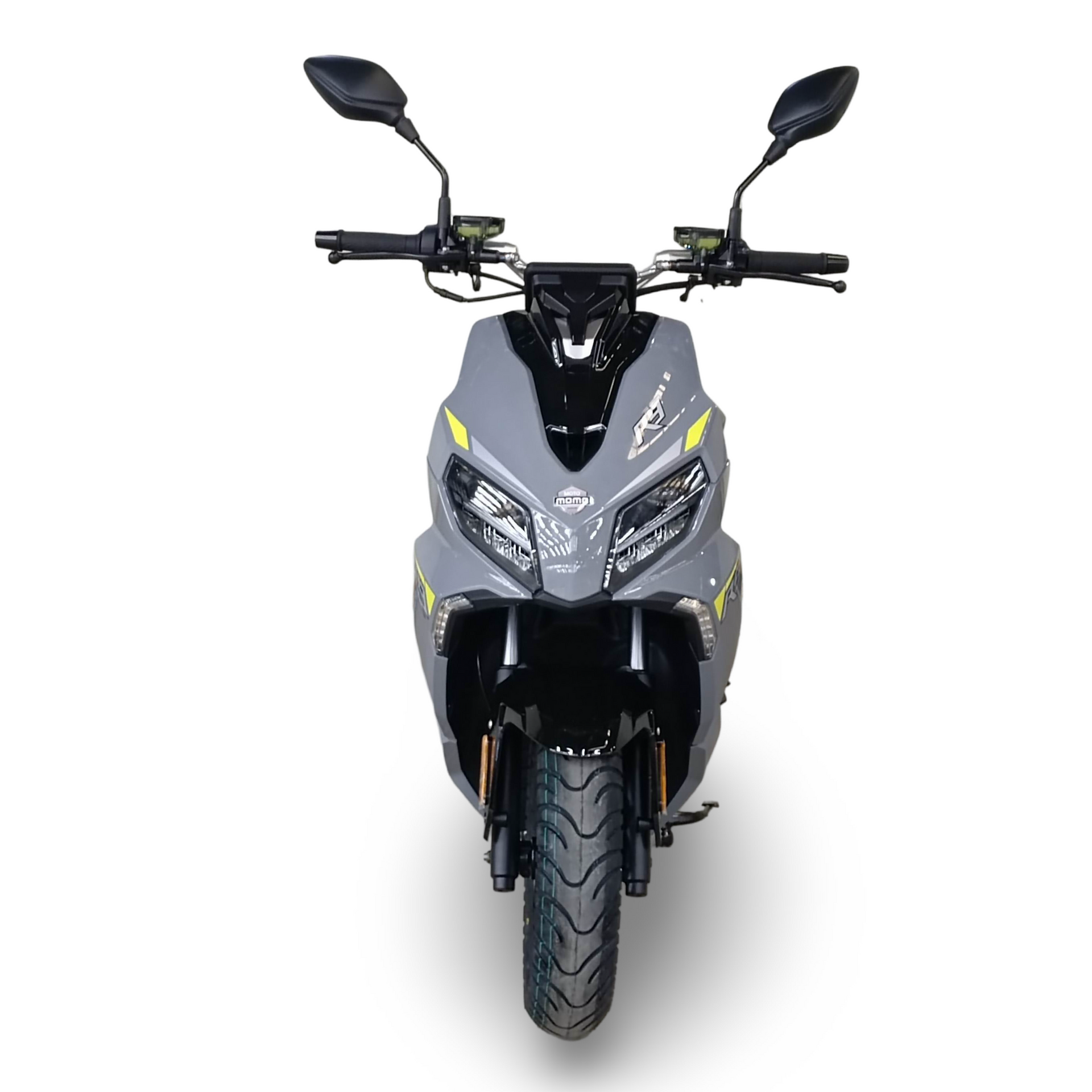 Grijze elektrische scooter met zwarte accenten, vooraanzicht.
