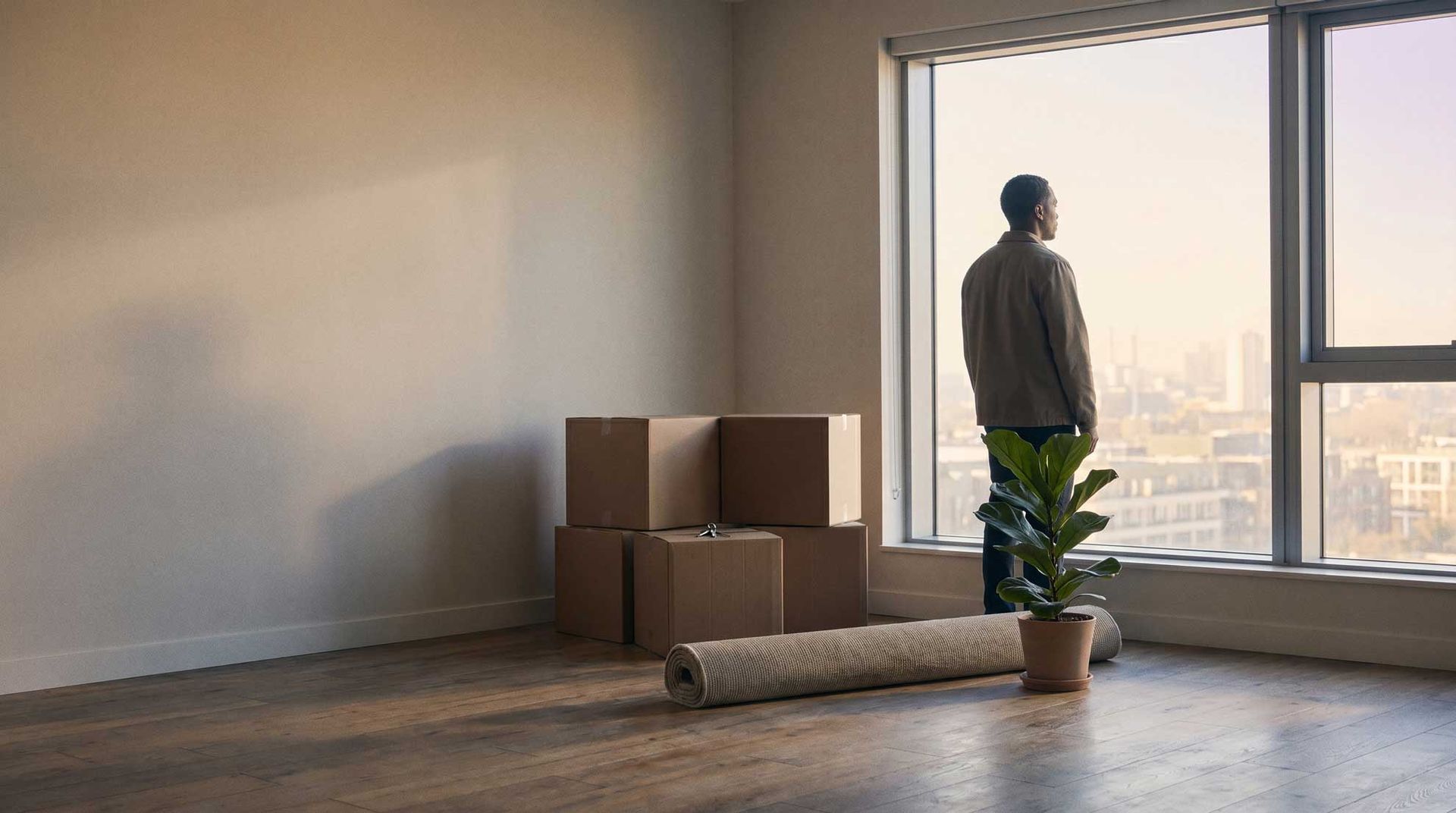 Person stands by a large window in an empty room with moving boxes and a rolled rug.