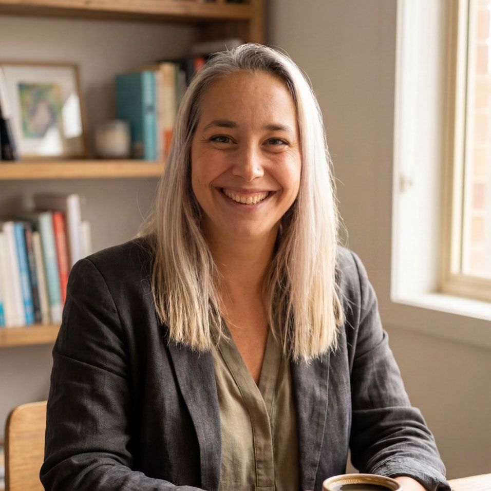 Smiling woman seated at a desk in a bright office, with bookshelves and a window behind her.