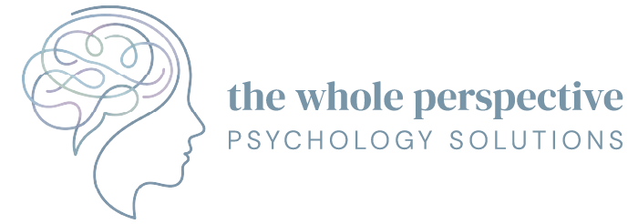 Logo for “the whole perspective PSYCHOLOGY SOLUTIONS” with a line-art head and brain in gray-blue