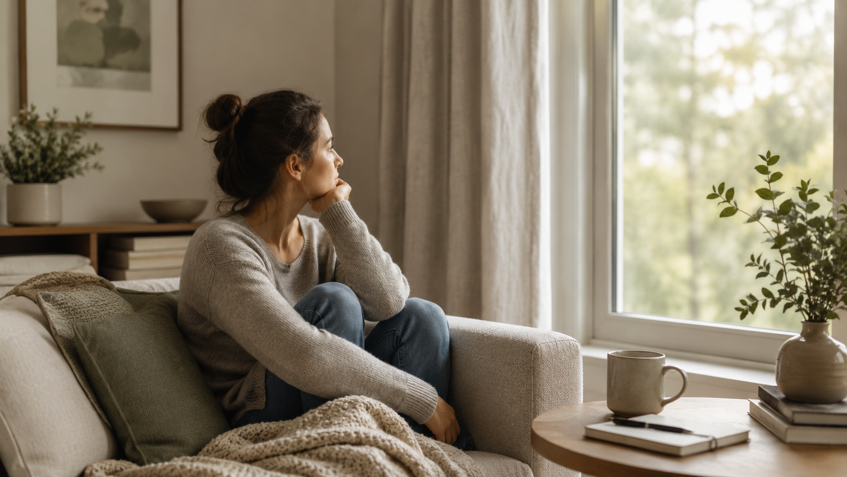 Person sitting by a window, gazing outside on a cozy sofa with a mug and blanket nearby.