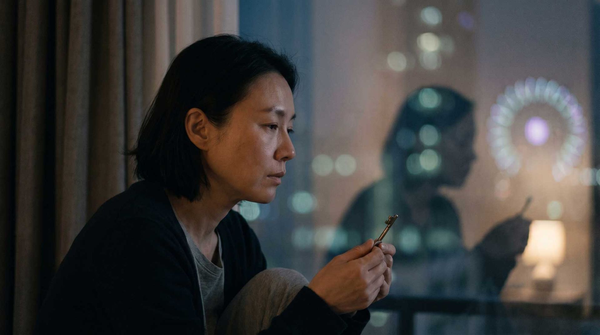 Person seated by a window, holding a small object, with a Ferris wheel visible outside at night.