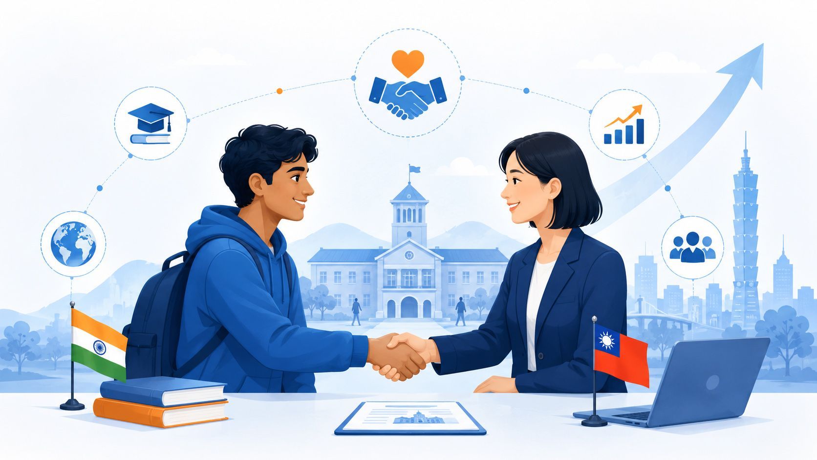 勝拓國際股份有限公司華語線上教學示意圖,明亮辦公室中同事正在交流,一名提著行李箱的男性站在中央,呈現外籍人才因語言與文化適應不良而影響留任率。