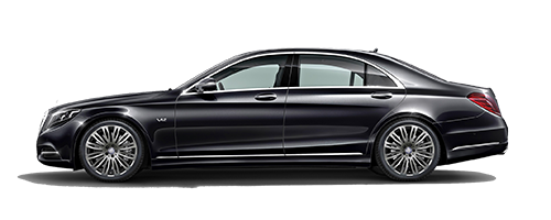 Una mercedes benz classe s nera è mostrata di lato su uno sfondo bianco.