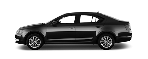 Un'auto nera è mostrata di lato su uno sfondo bianco.