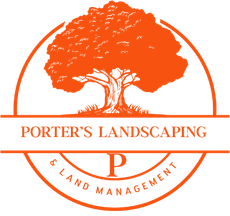 Orange Porter’s Landscaping logo with tree, “Land Management,” and a large “P” in a circular emblem
