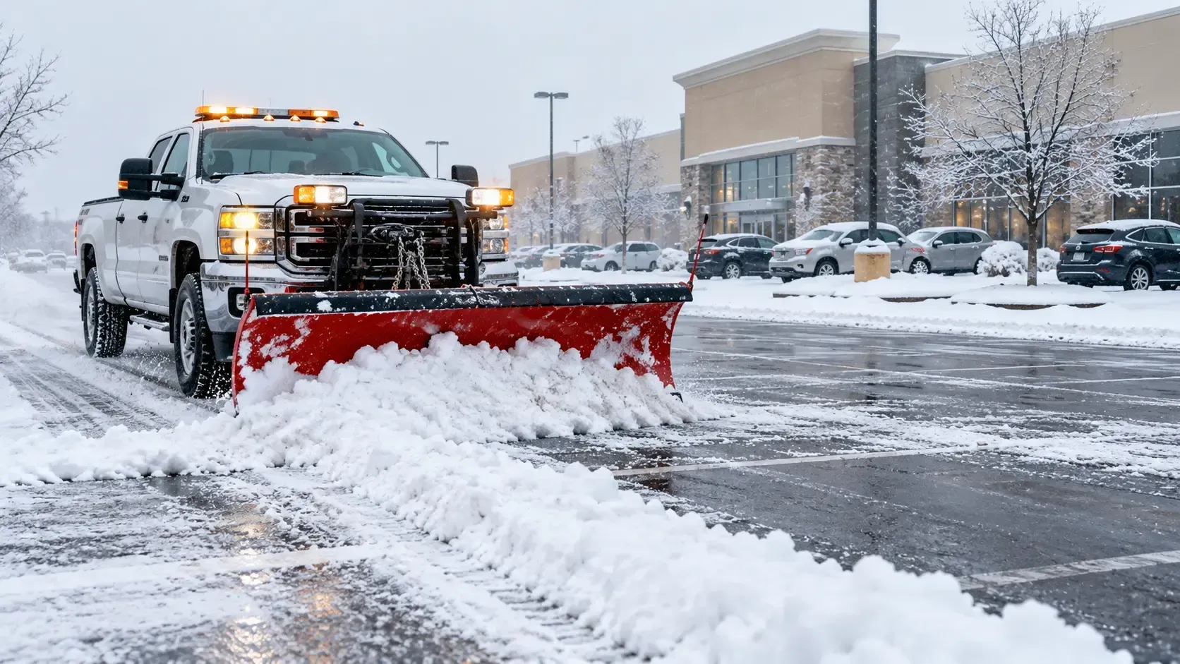 Snowplow clearing a snowy parking lot in front of a shopping center