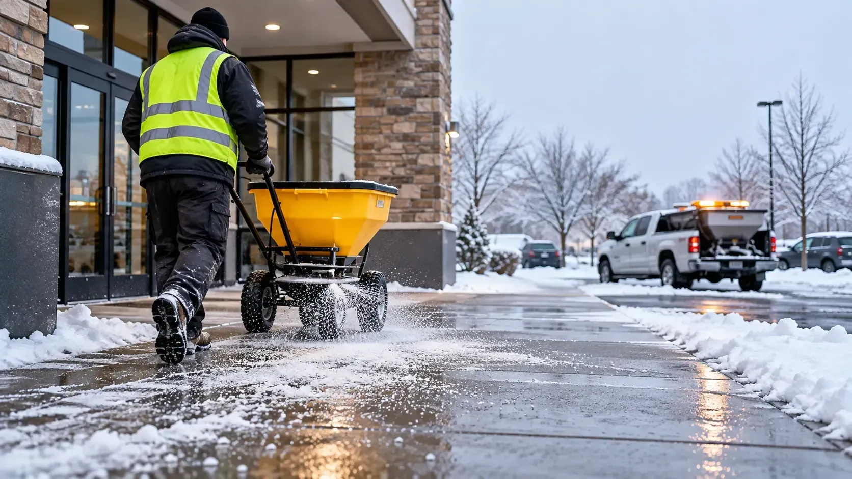 Commercial sidewalk de-icing and salting outside a business during winter