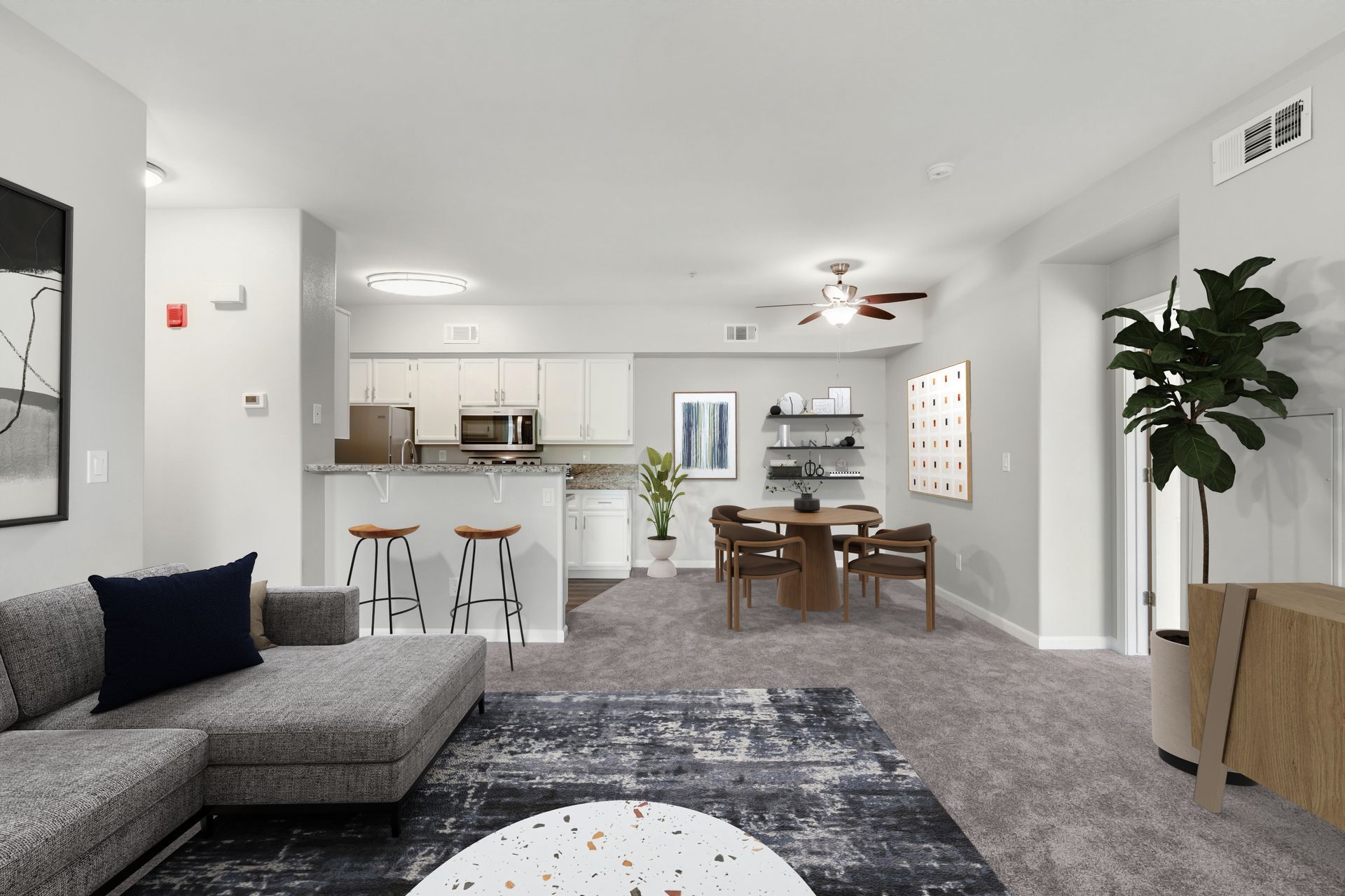 Bright open-plan living room with gray sectional, kitchen island, dining table, and large plant