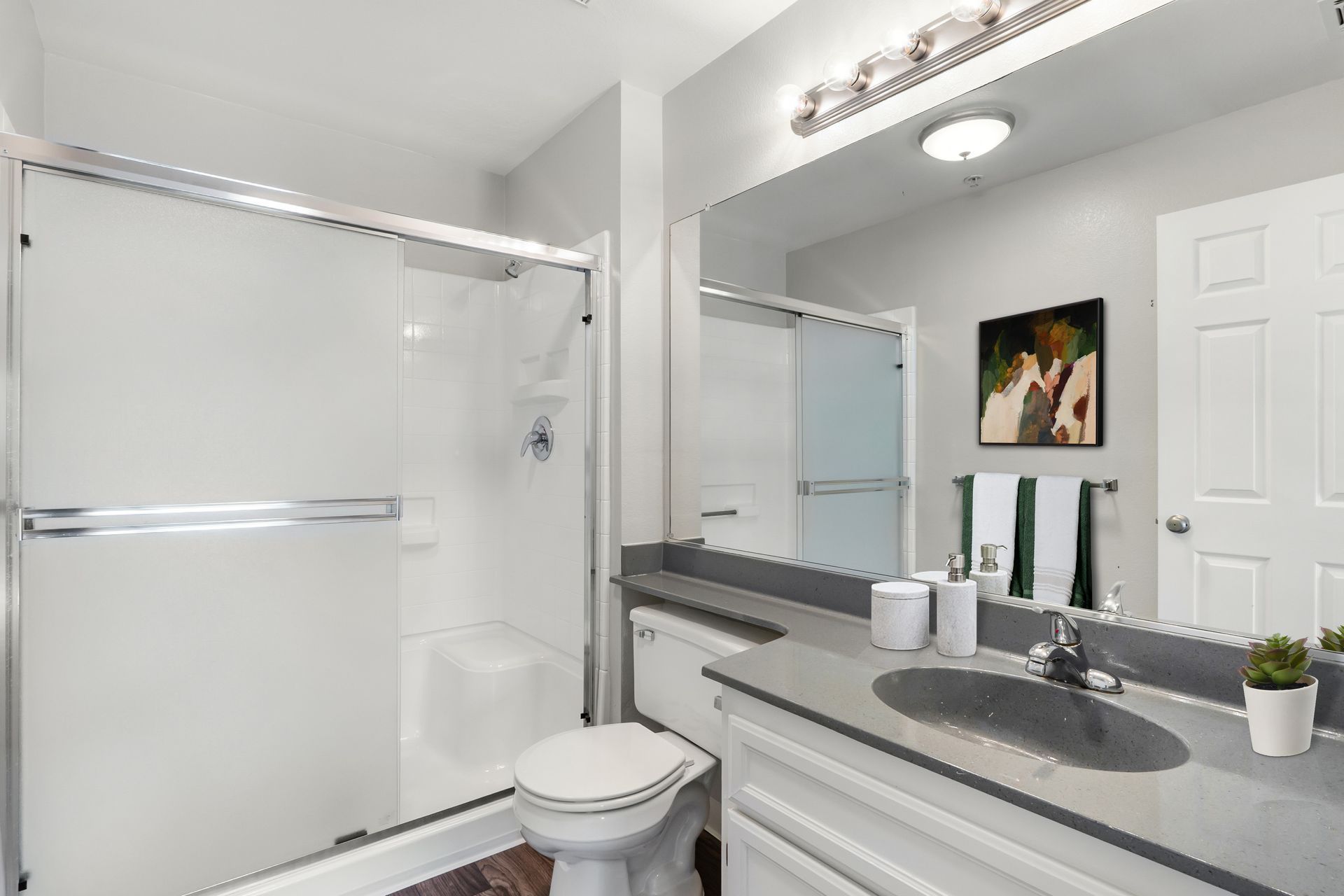 Bright bathroom with glass shower, double-sink vanity, and white doors
