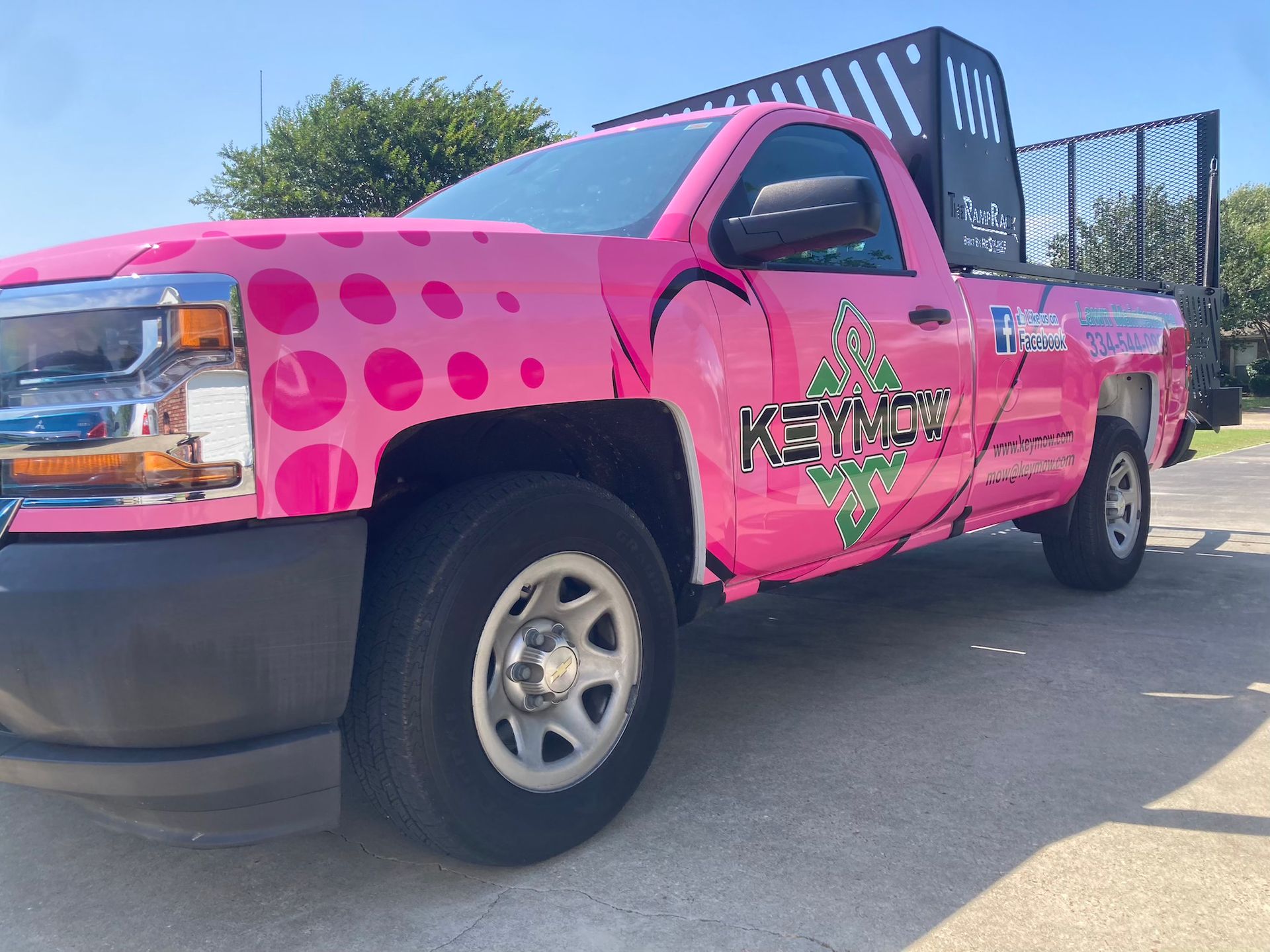 Pink polka-dot pickup truck with custom graphics parked outdoors by a fence