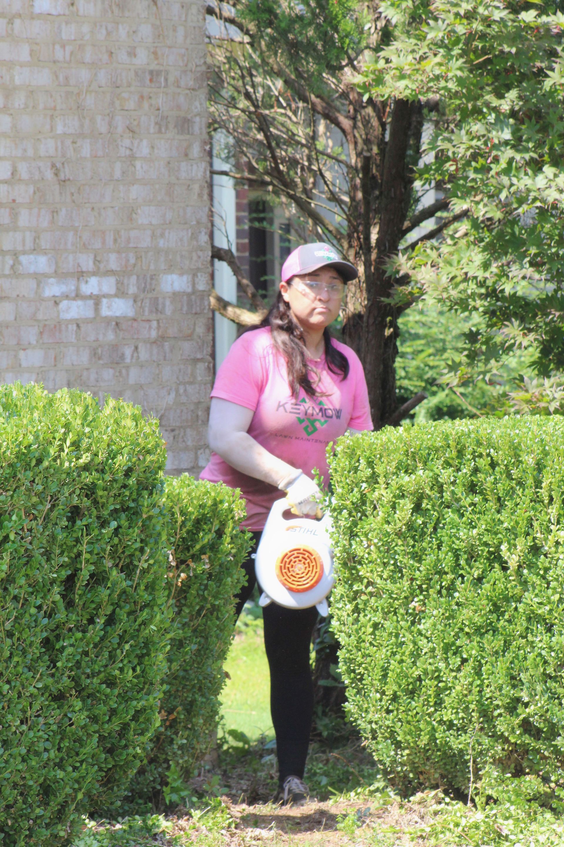 Person in a pink shirt and cap stands beside trimmed hedges near a brick building, holding a white bag.