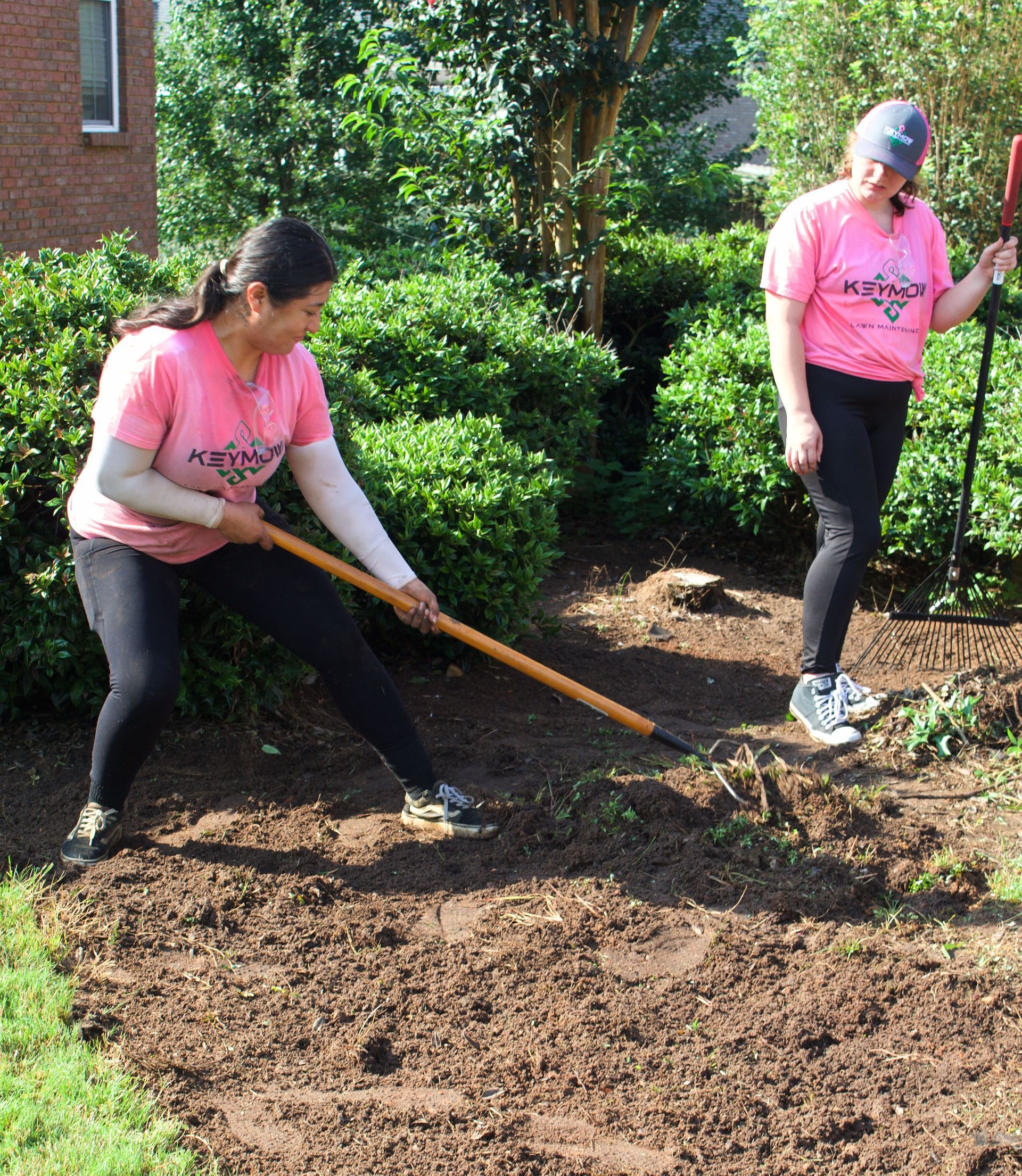 Two people in pink shirts raking soil in a garden bed outdoors