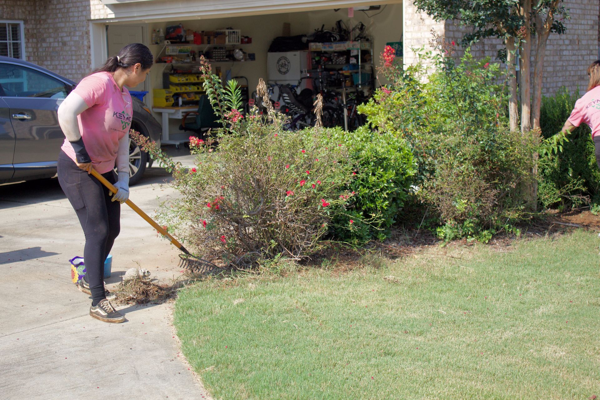 Person sweeping a driveway beside a house and garden bushes
