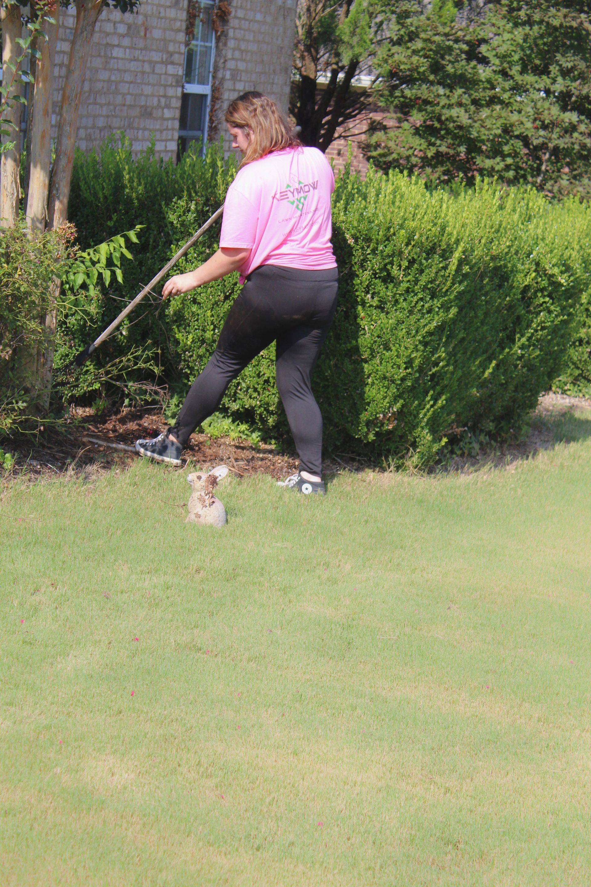 Person in a pink shirt and black pants mowing a lawn beside bushes.