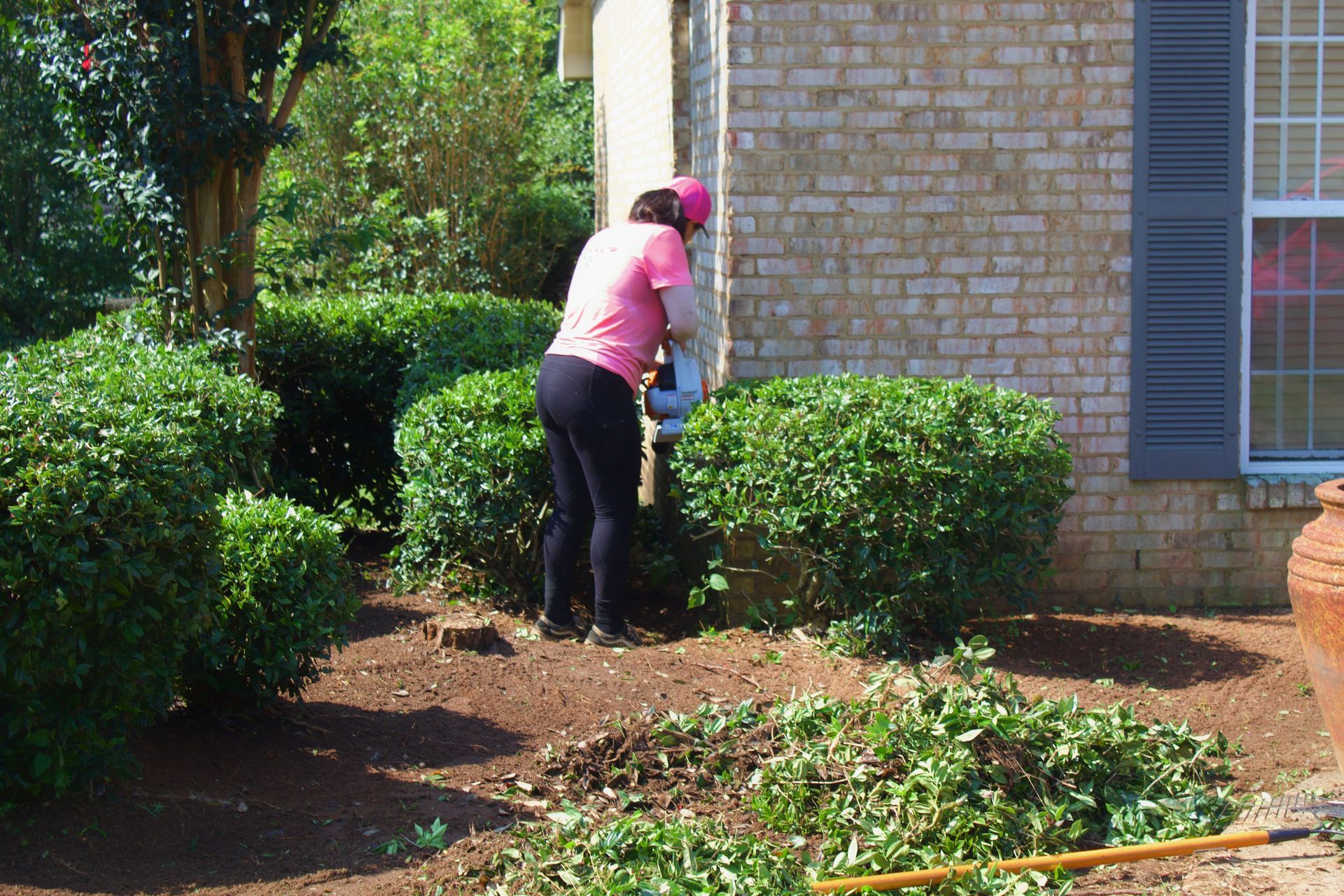 Person in pink shirt and cap trimming bushes outside a brick house.