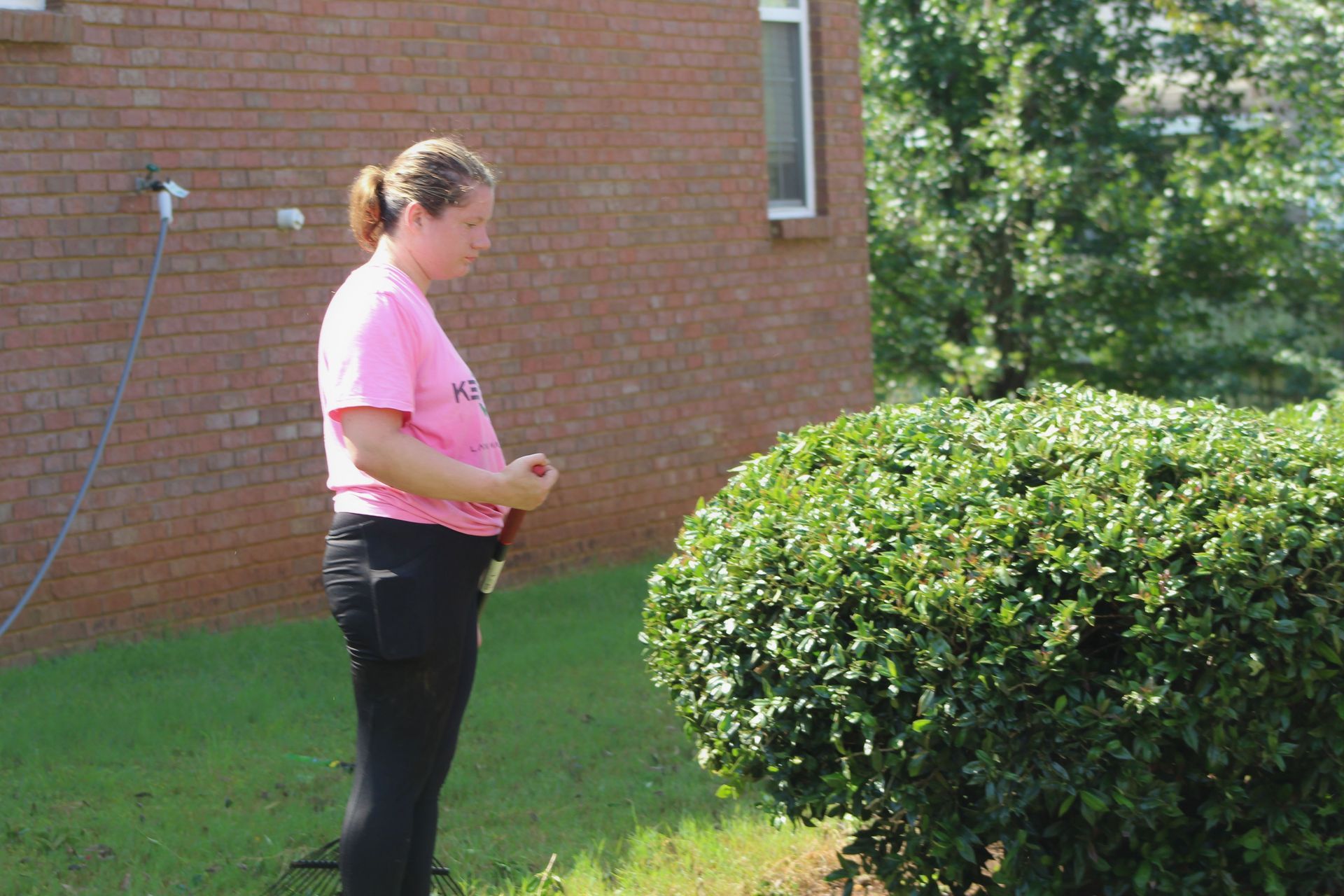 Person in a pink shirt standing on grass near a brick building and a large bush.