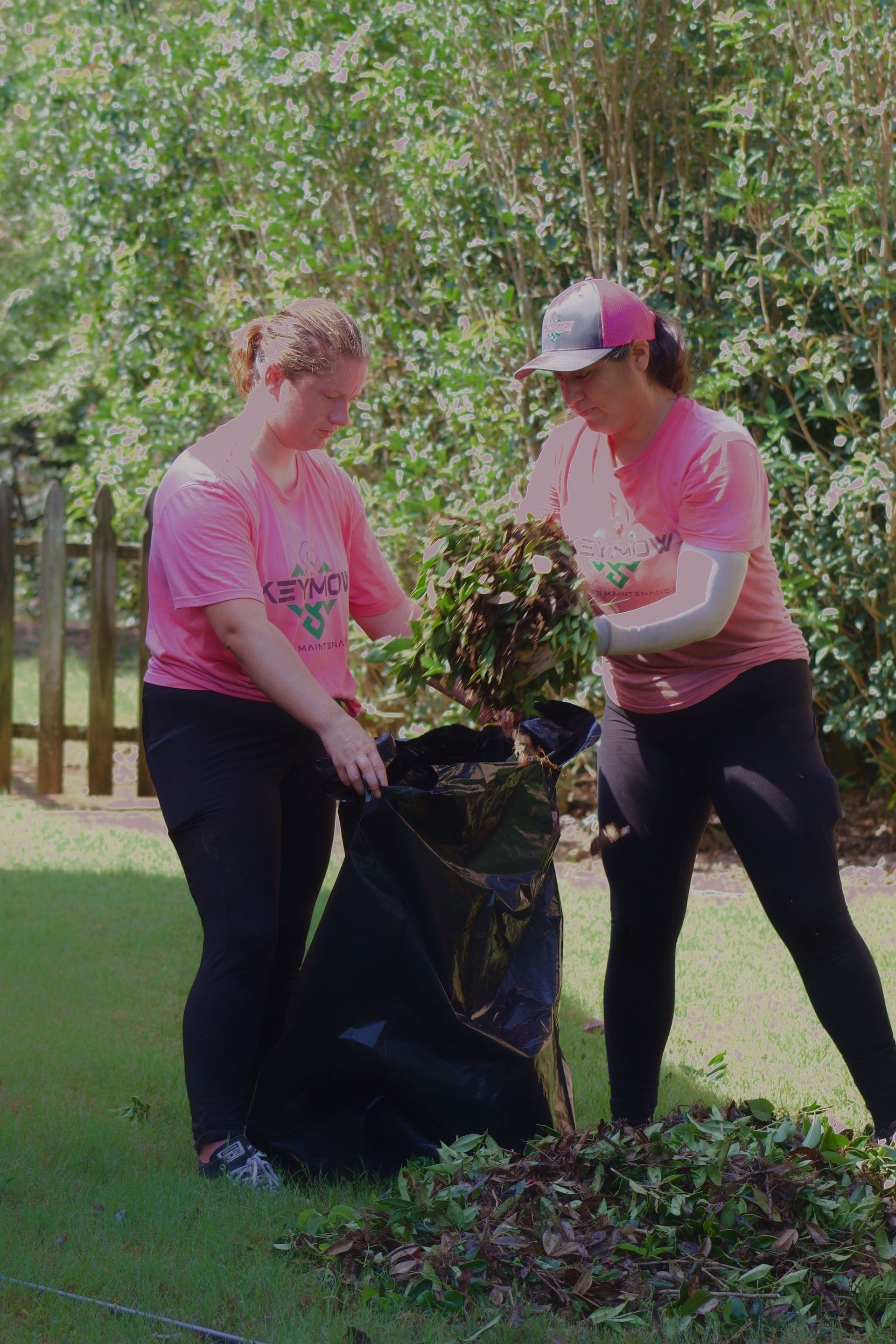 Two people in pink shirts bagging yard waste outdoors near a fence and trees