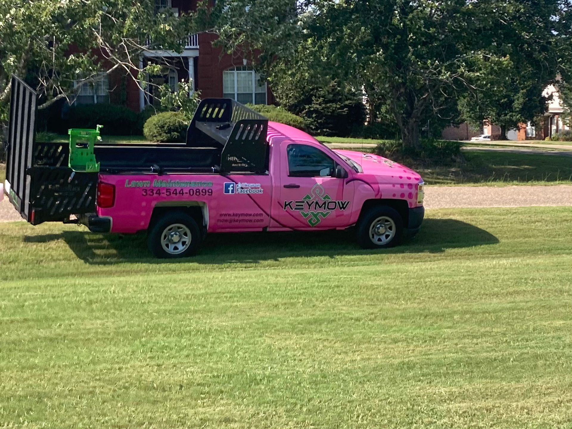 Bright pink pickup truck parked on grass with promotional graphics and a roof-mounted speaker system