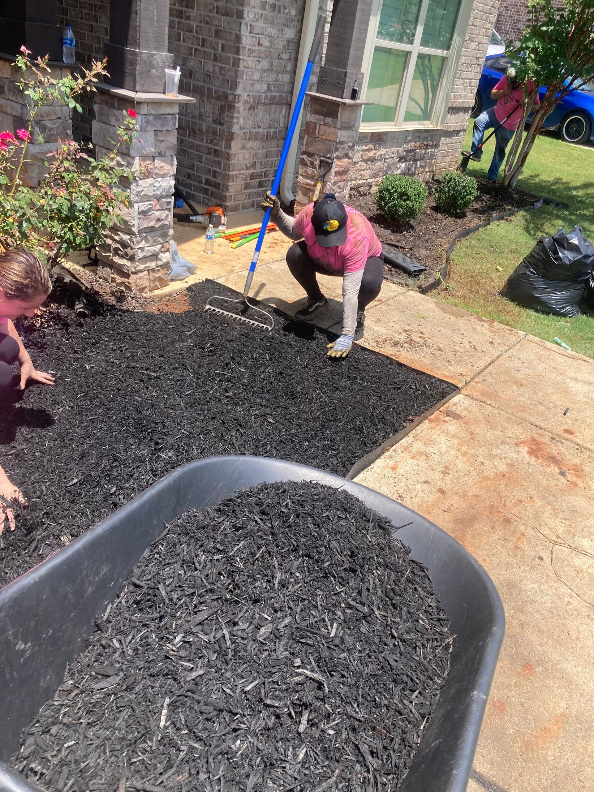 People spreading black mulch in a garden bed beside a house, with a wheelbarrow in front.