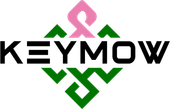 KEYMOW logo in black with green and pink geometric accents