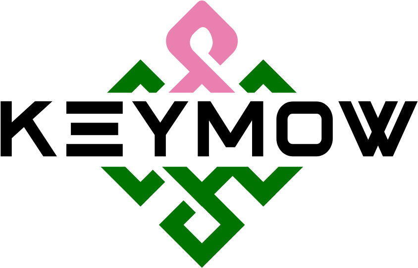 KEYMOW logo with black text and green geometric accents, topped by a pink ribbon shape