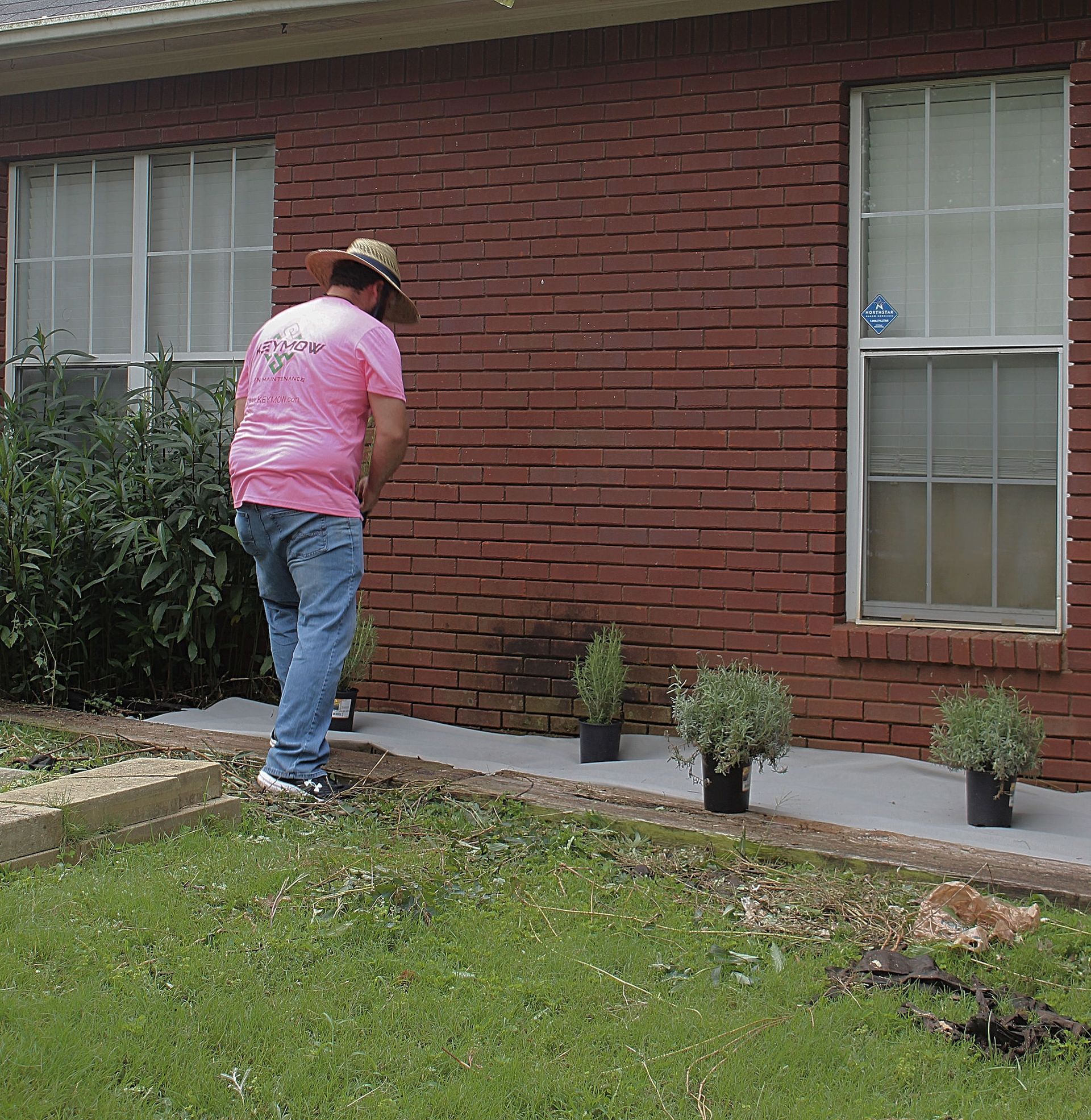 Person in pink shirt and hat tending plants along a brick house wall.