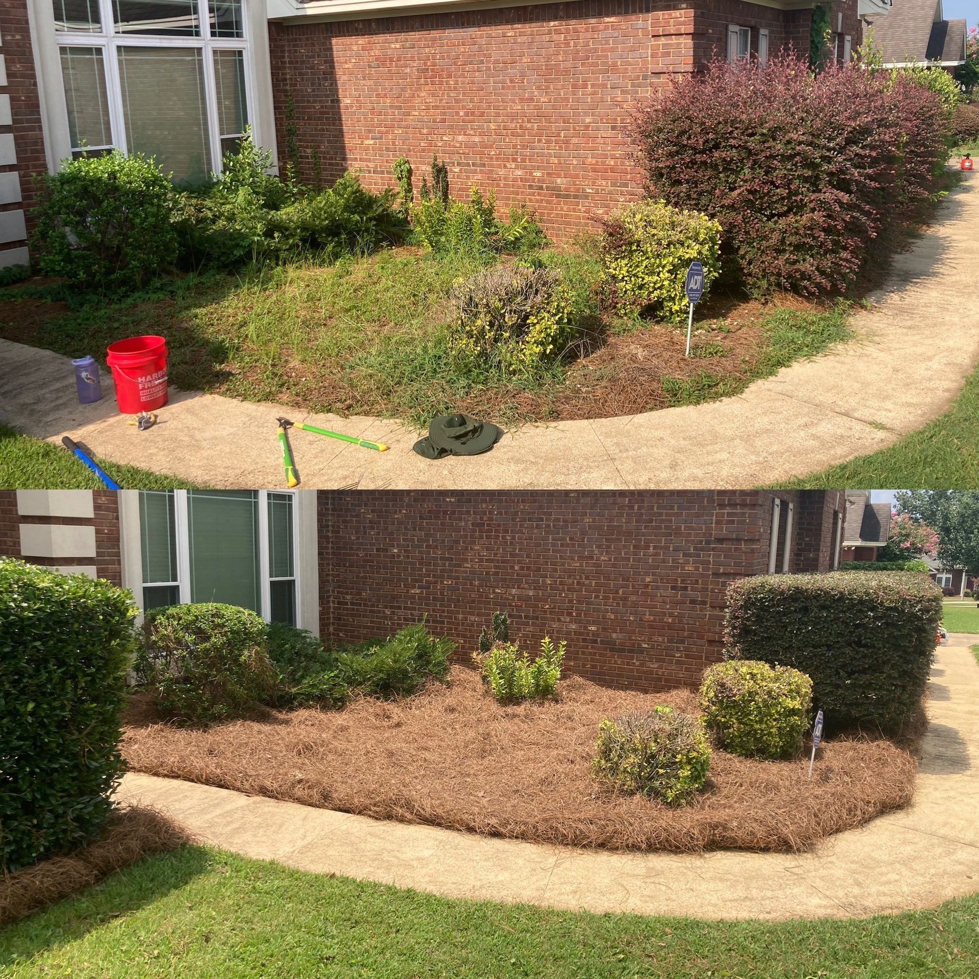 Before-and-after view of a front yard landscaping project with a curved walkway and brick house.