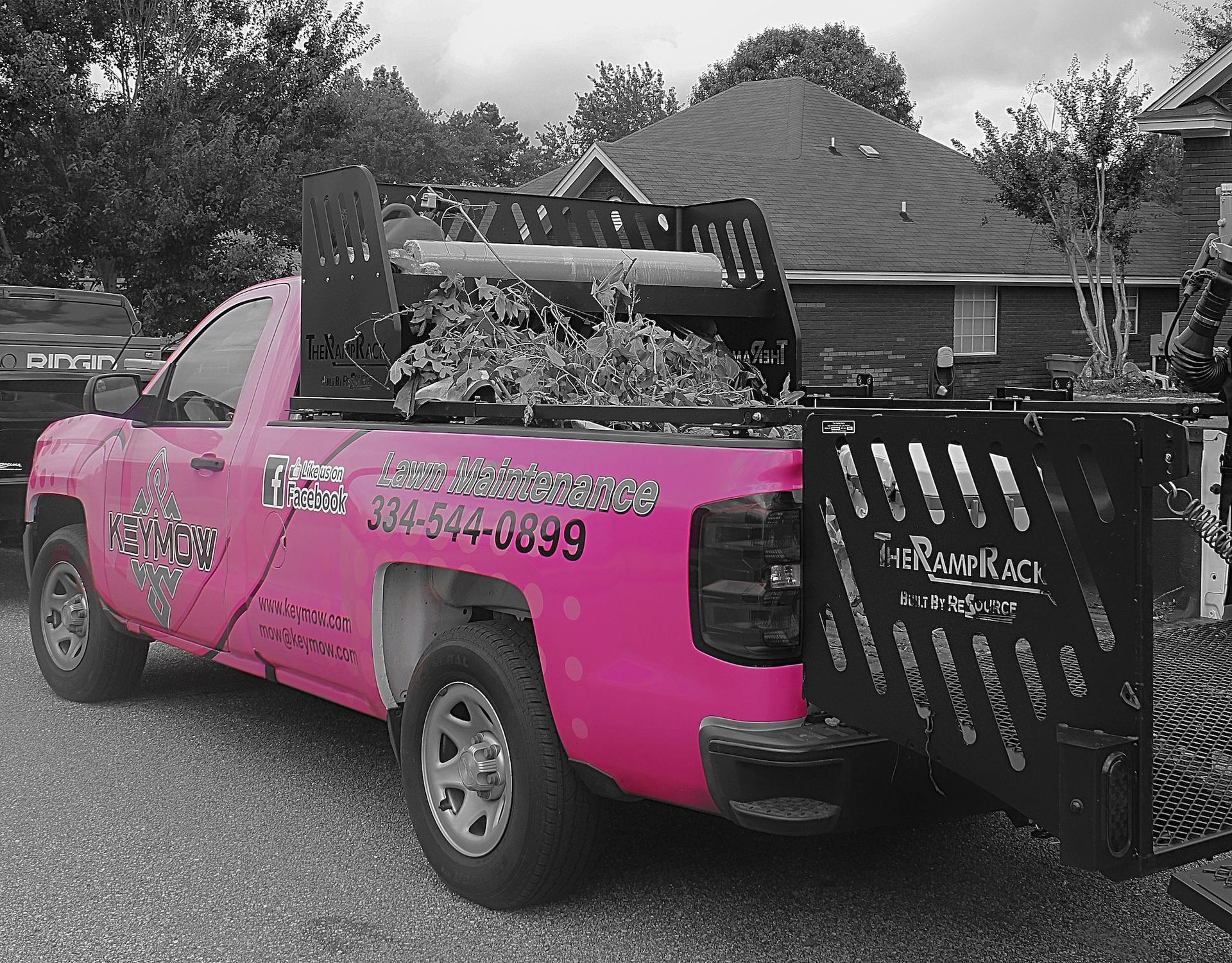 Pink pickup truck with a black rack and tailgate attachment parked on a gravel driveway