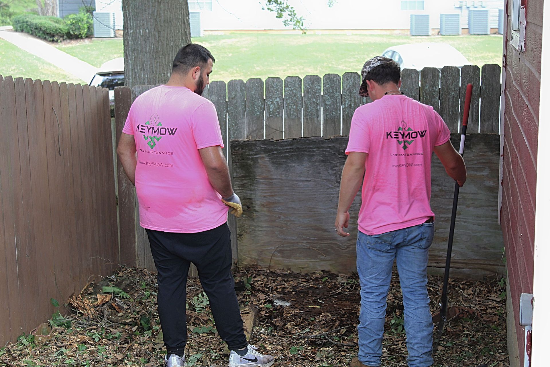Two workers in pink shirts standing in a fenced backyard, facing a corner wall.
