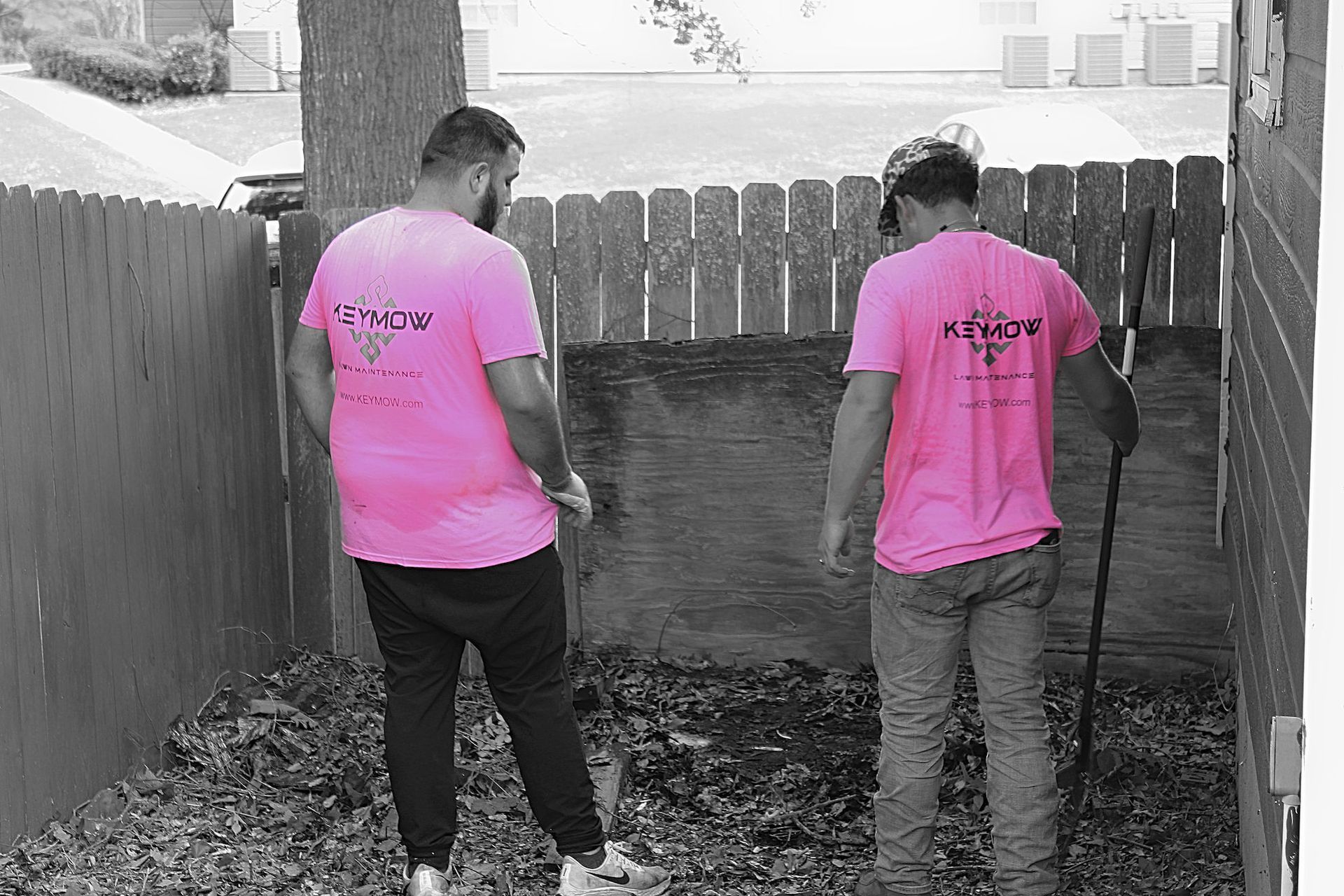 Two people in pink shirts standing in a backyard between fences, looking down at the ground.