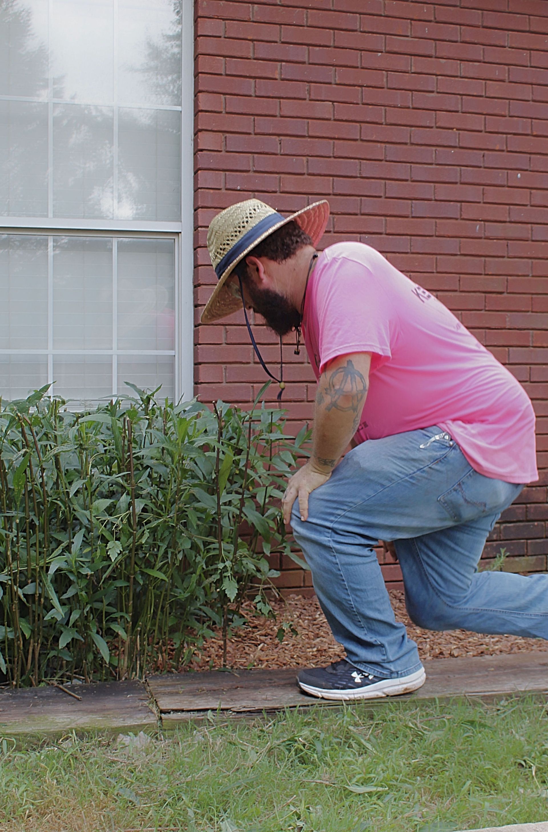 Man in pink shirt and straw hat crouches beside bushes near a brick wall.