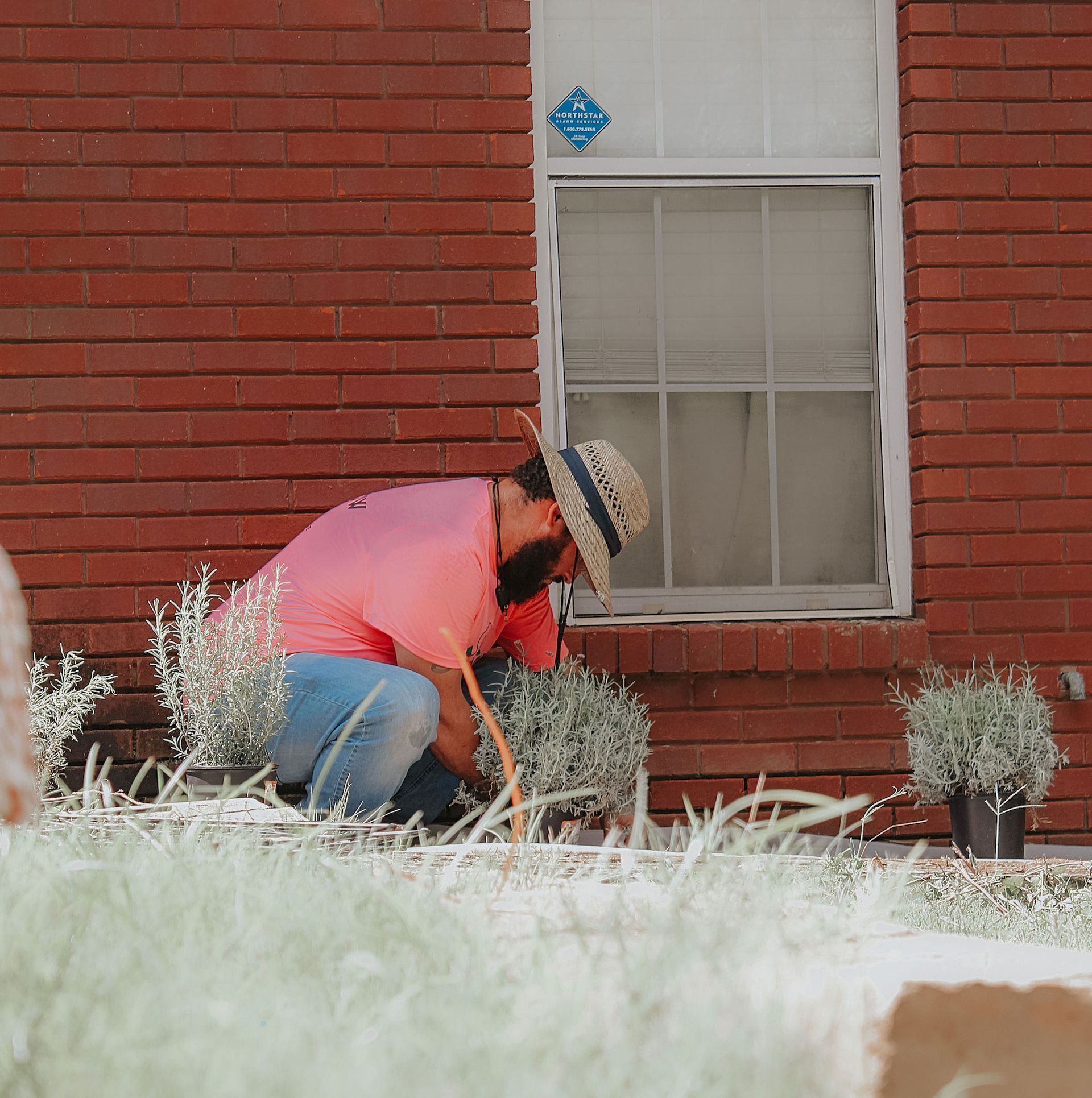 Person in a pink jacket crouches by a red brick wall, tending plants near a window in a snowy yard.