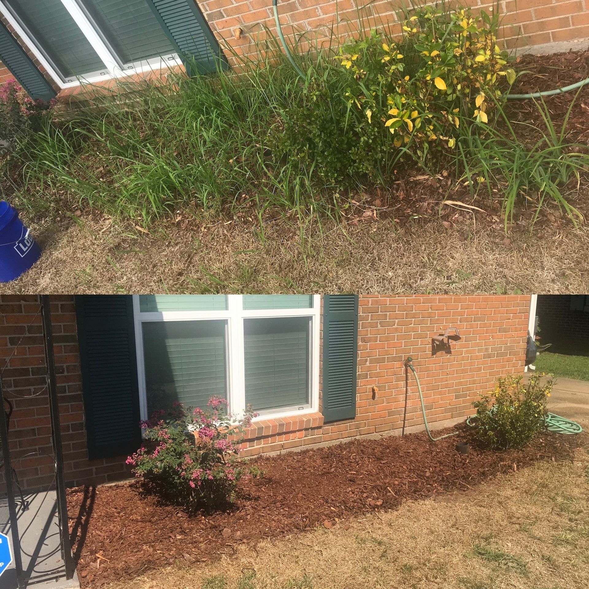 Brick house exterior with window, green shutters, and flower beds in a yard