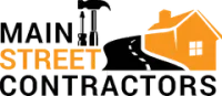 Main Street Contractors Logo A logo for main street contractors with a house , road , and hammer.