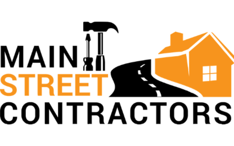 A logo for main street contractors with a house , road , and hammer.