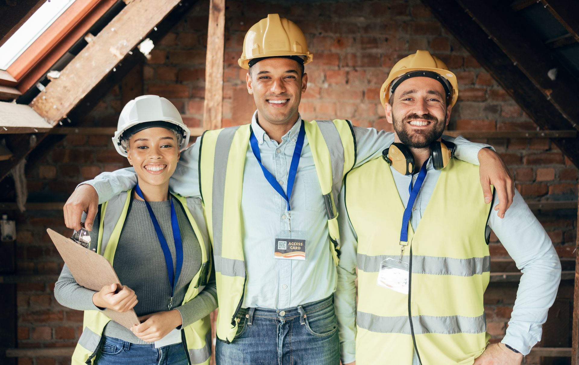 A group of construction workers are posing for a picture.