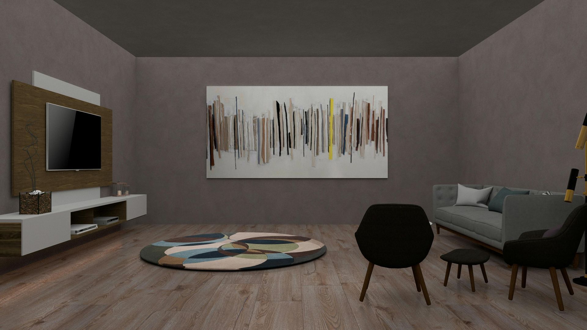 Finished basement living room with modern furniture and wood flooring