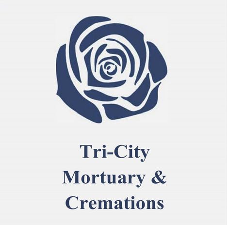 the logo for tri-city cremations has a blue rose on it .