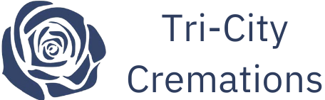the logo for tri-city cremations has a blue rose on it .
