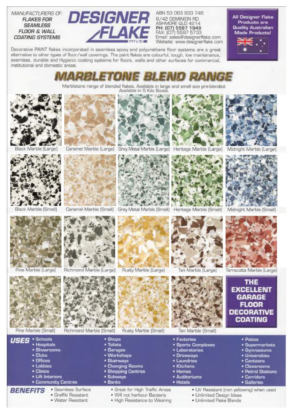 A Brochure for Designer Flake Marbletone Blend Range 
— Fraser Coast Waterproofing in Pialba, QLD