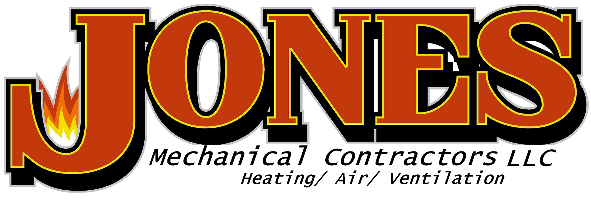 JONES Mechanical Contractors LLC logo with orange flame accents and black, red, and gold lettering