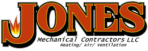 JONES Mechanical Contractors LLC logo with orange flame accents and black, red, and gold lettering
