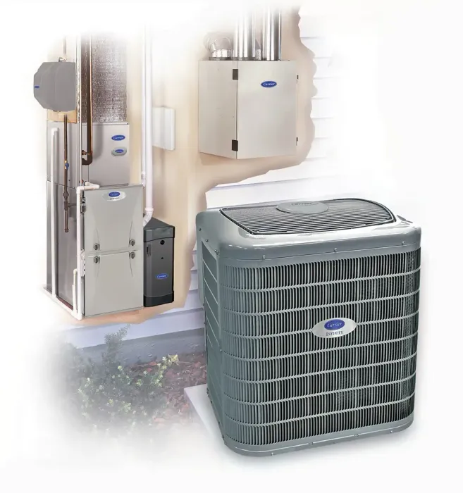 Outdoor HVAC unit and indoor furnace with wall-mounted control boxes in a home utility setup
