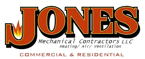 Jones Mechanical Contractors LLC logo with orange and black text and flames, commercial and residential