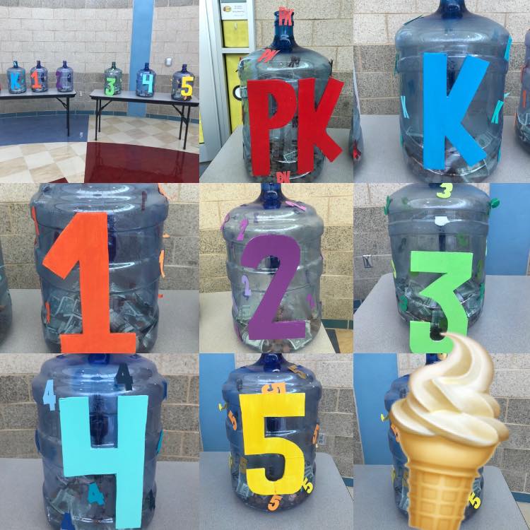 Colorful numbered bottles and ice cream cone arranged in a tiled indoor display.