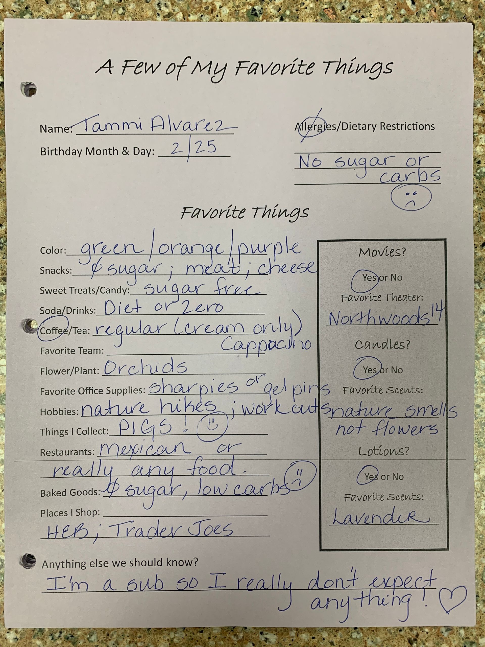 Blurry handwritten worksheet titled “A Sign of My Favorite Things” with a table on the right.