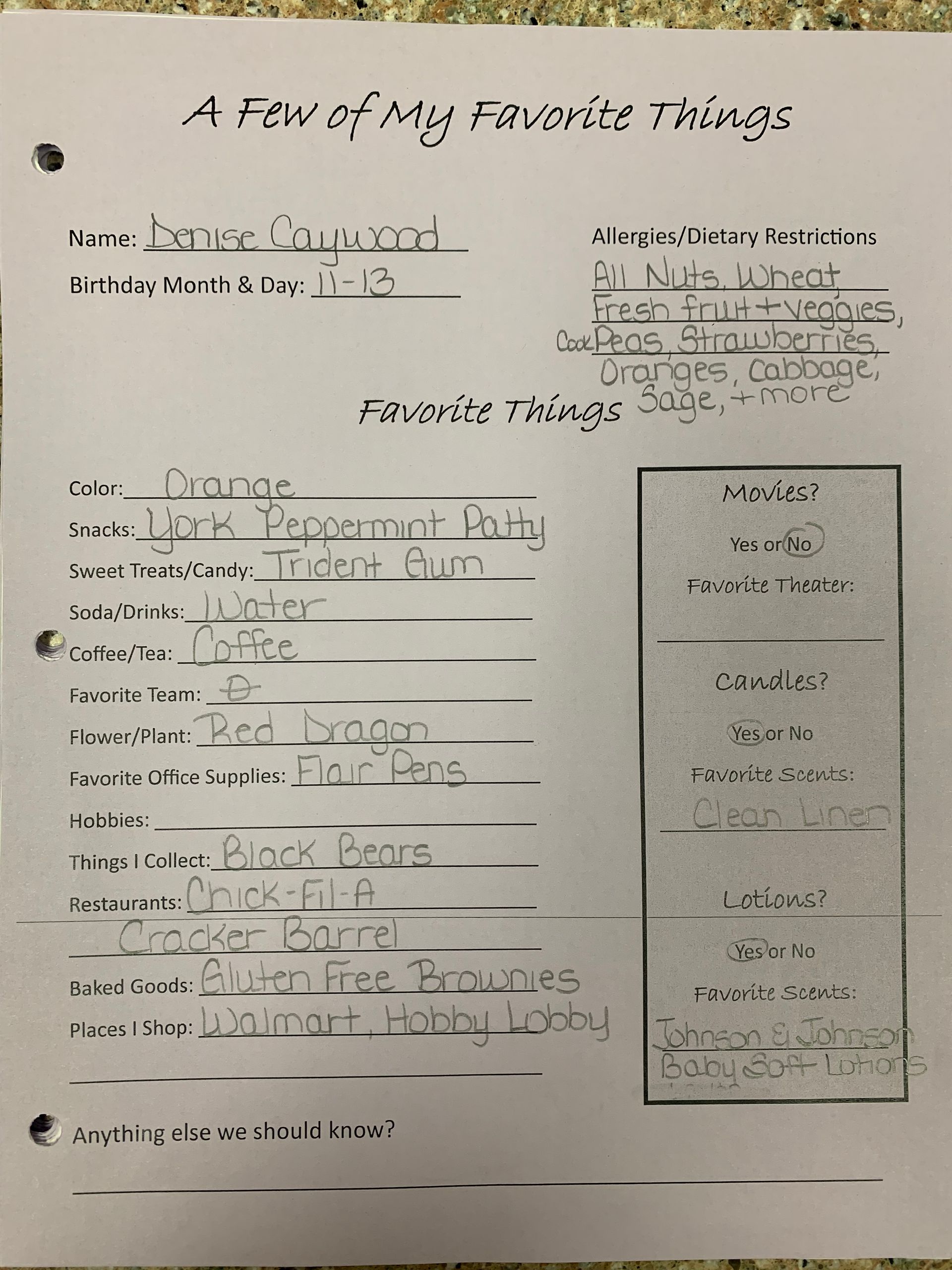 Blurry worksheet titled “A few of my favorite things” with handwritten blanks and a right-side checklist.
