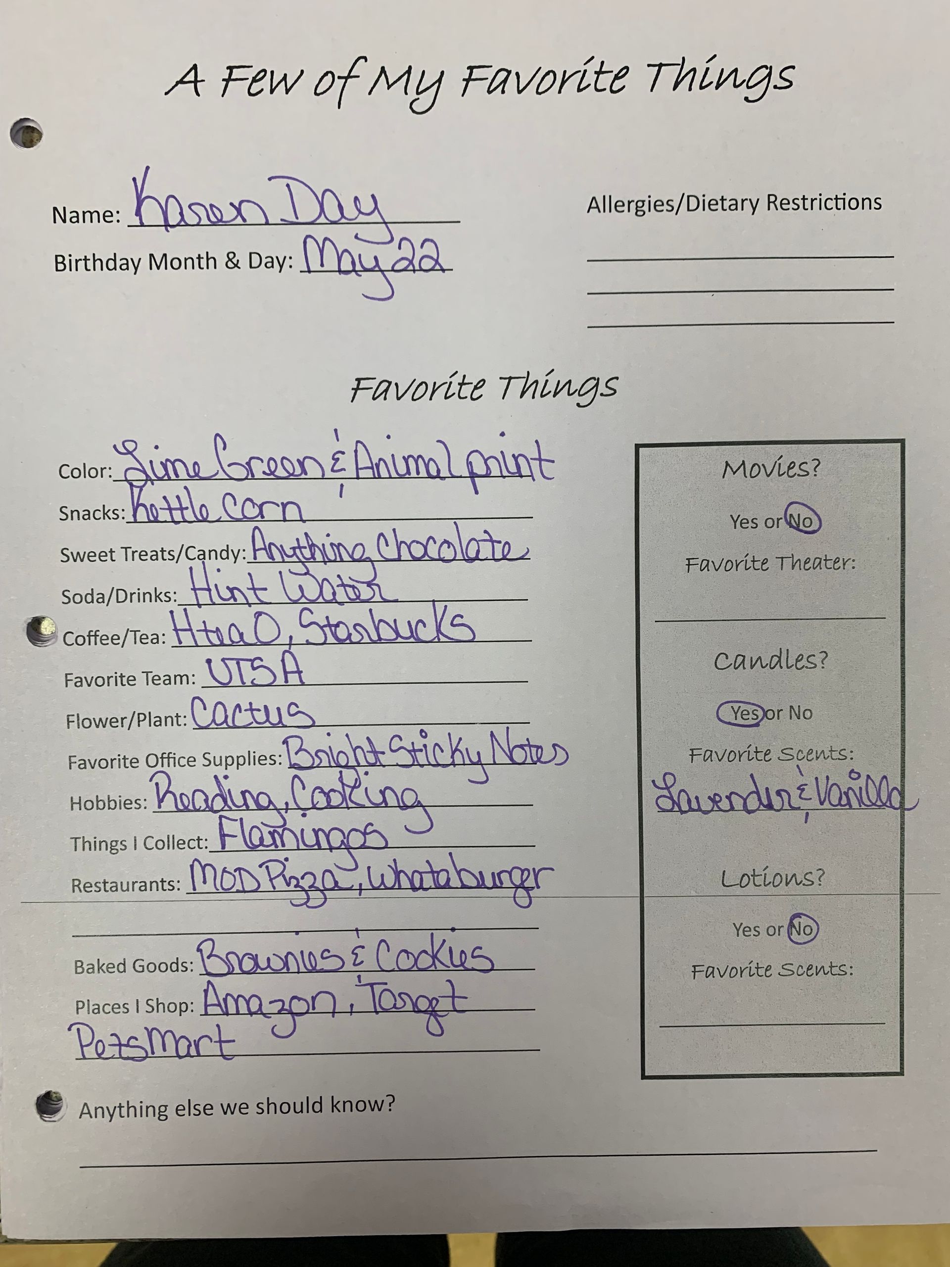 Handwritten worksheet titled “A Few of My Favorite Things” with blue and black answers and a small side drawing.